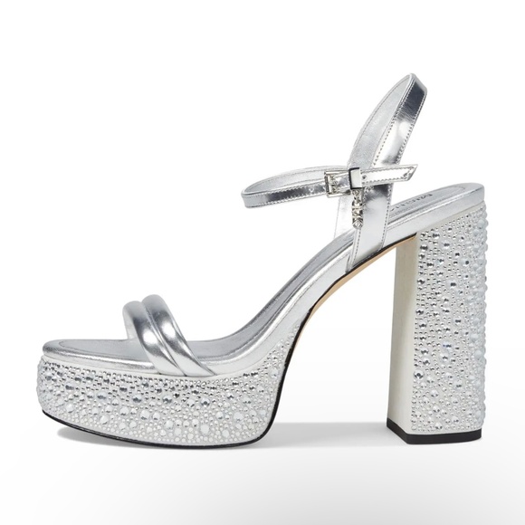 Genuine Leather Silver Heels, Silver Embellished Heels, 9.5 Excellent Condition - Picture 3 of 5